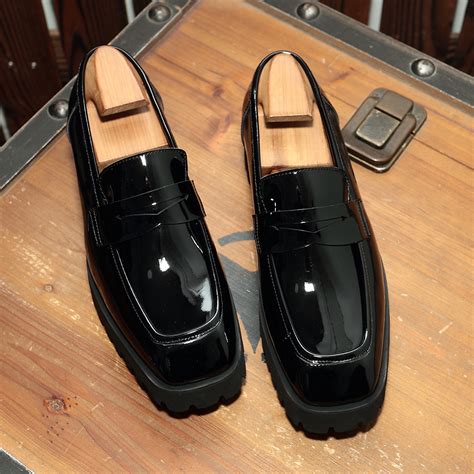 slip  square toed black patent leather mens trendy shoes cjdropshipping