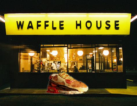 woman wears cheeseburger as sandal after waffle house