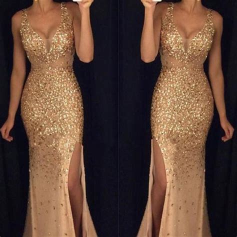 Beading Gold Long Prom Dress Sexy Long Crystal Beaded Prom Dress With