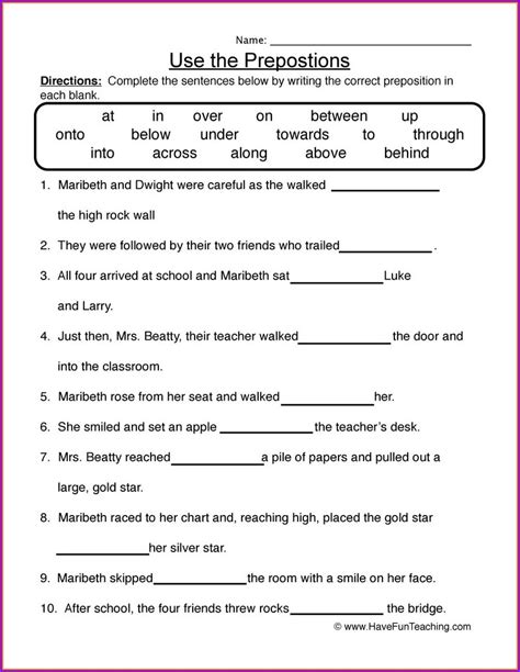 prepositions worksheet  grade   answers worksheet resume