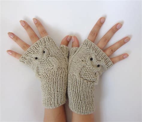 owl fingerless gloves knitted mittens or mitts in cream