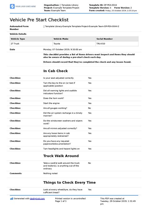 truck pre start checklist template    editable