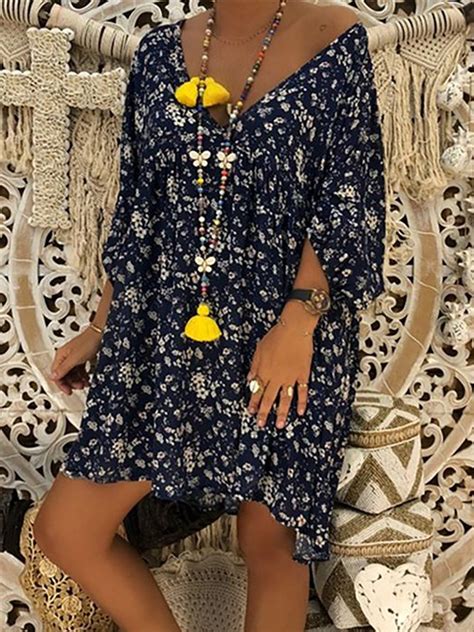 Casual Long Sleeve V Neck Floral Dresses Noracora