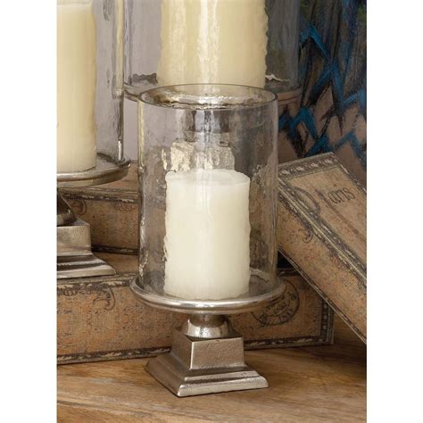 11 In Silver Aluminum Glass Hurricane Candle Holder 16493 The Home Depot