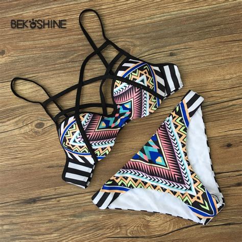 New Summer Strip Printed Beach Bathing Suit Push Up Swimwear Women