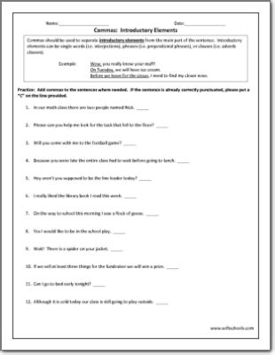 commas introductory elements worksheet
