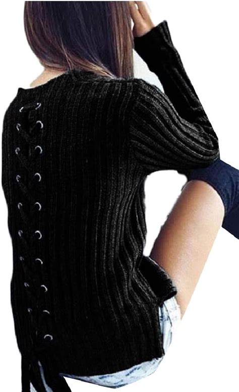 ontbyb women s sexy criss cross lace up back ribbed knitted sweater