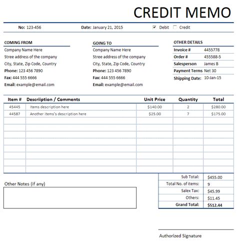 credit memorandummemo invoice sample  ms excel