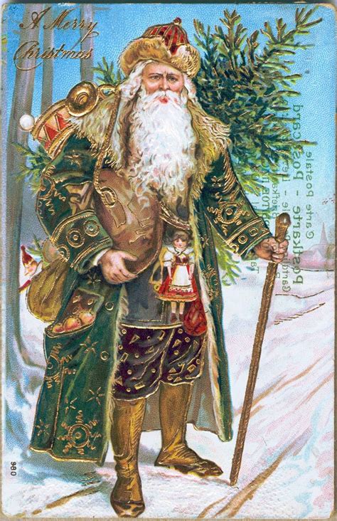 postcard   gold embellished santa claus   green coat