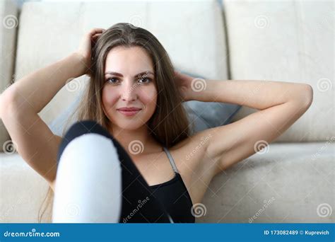 Girl Lies With Her Hands Behind Her Head Exercise Stock Image Image
