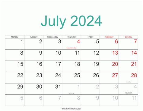 july  calendar printable  holidays whatisthedatetodaycom
