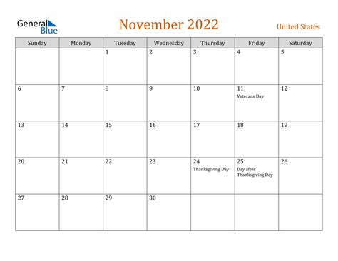 united states november  calendar  holidays