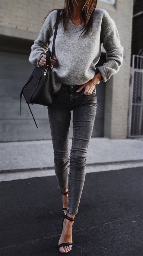 Fall Outfit Idea Grey Sweater Skinny Jeans Heels Bag Casual Work