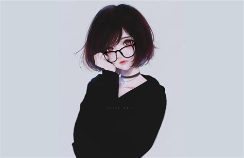 anime girl black and red short hair gambarku