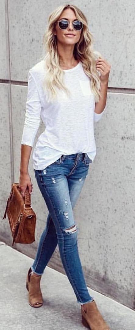 fall outfits women s white long sleeved shirt and blue