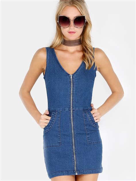 zipper front denim dress shein sheinside