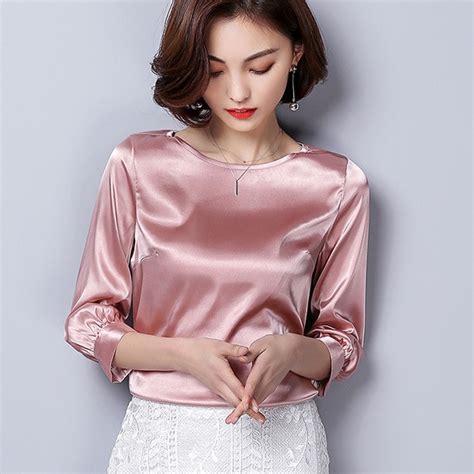 2018 spring pink satin shirts women office o neck blouses lady work
