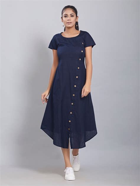 buy navy blue cotton linen high  dress   theloom casual frocks simple frocks