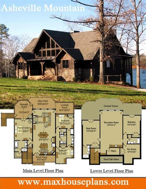 rustic lake house plan   open living floor plan featuring vaulted ceilings  large