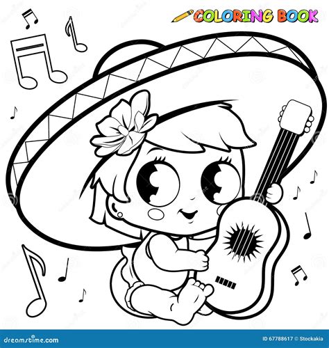 mexican mariachi baby girl playing  guitar vector black  white