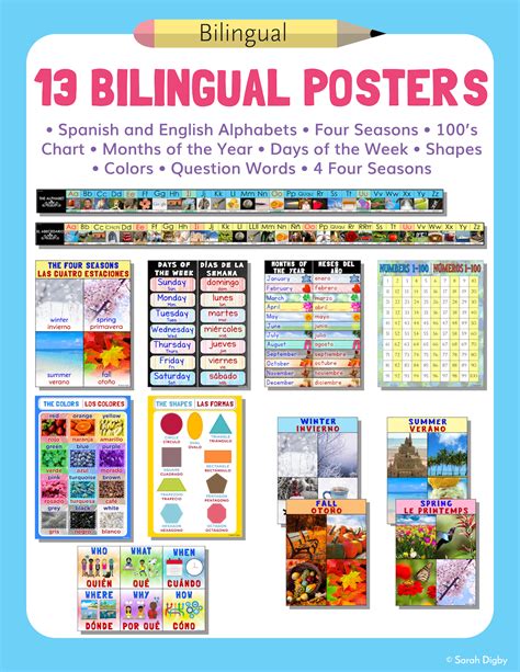 set of 13 bilingual posters for the classroom english