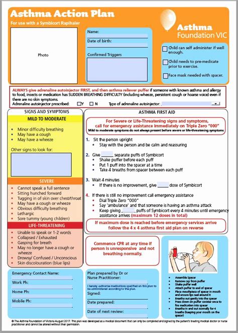 asthma action plan template victoria imagesee