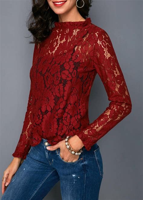 Wine Red Stringy Collar Semi Sheer Lace Blouse Red Lace Blouse
