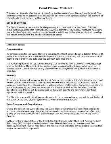 event planner contract  contract templates  hloomcom event