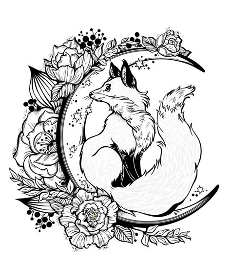 fox sitting   moon surrounded  flowers