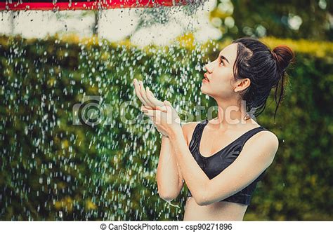 woman  shower  swimming pool  resort young woman