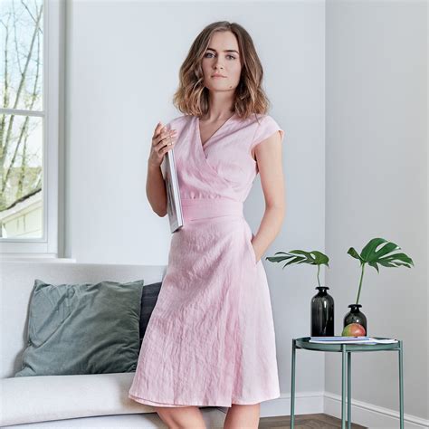 linen dress wrap dress pink summer dress short sleeves midi dress