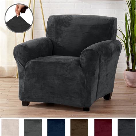 camellia collection velvet plush form fit stretch chair slipcover  steel grey   item