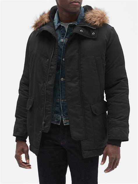 gap factory fleece hooded parka jacket with faux fur trim in black for