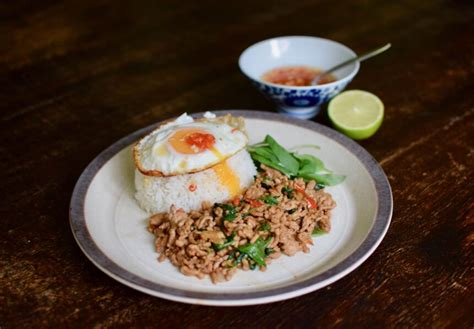 authentic thai basil minced pork pad kra pao moo saap