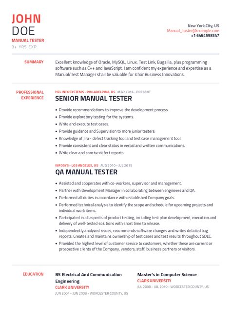 manual tester resume   content sample craftmycv