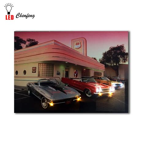 retro car auto  vintage cars  road wall picture light  led canvas print art framed