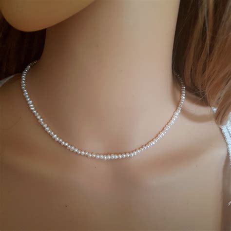 tiny freshwater seed pearl necklace choker sterling silver or gold fill
