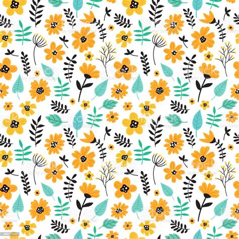 Cute Hand Drawn Floral Colorful Seamless Pattern Of Yellow Flowers On