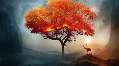 Download Wallpaper 2560x1440 Deer Tree Art Fire
