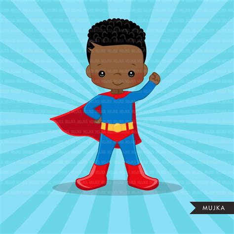 black superhero boys clipart splash background cute characters