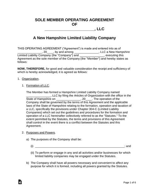 free new hampshire single member llc operating agreement form pdf