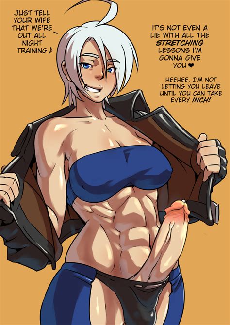 rule 34 1girl abs angel kof blue eyes bulge caption cleavage clothed clothing dickgirl