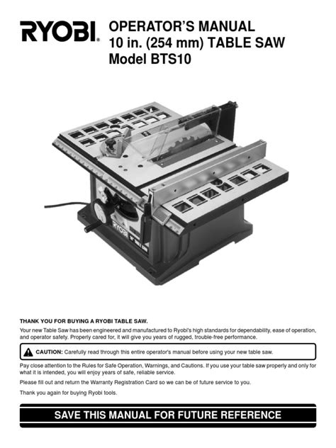 Ryobi Bts10 Table Saw Operators Manual Pdf Manufactured Goods Tools