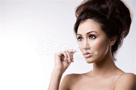 Beautiful Brunette Young Woman Head Shot On White Copy Space Stock