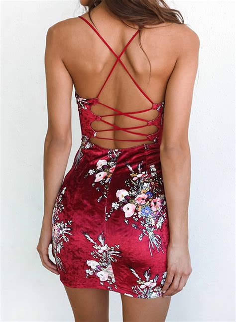 fashion floral printed spaghetti strap lace  backless cocktail dress