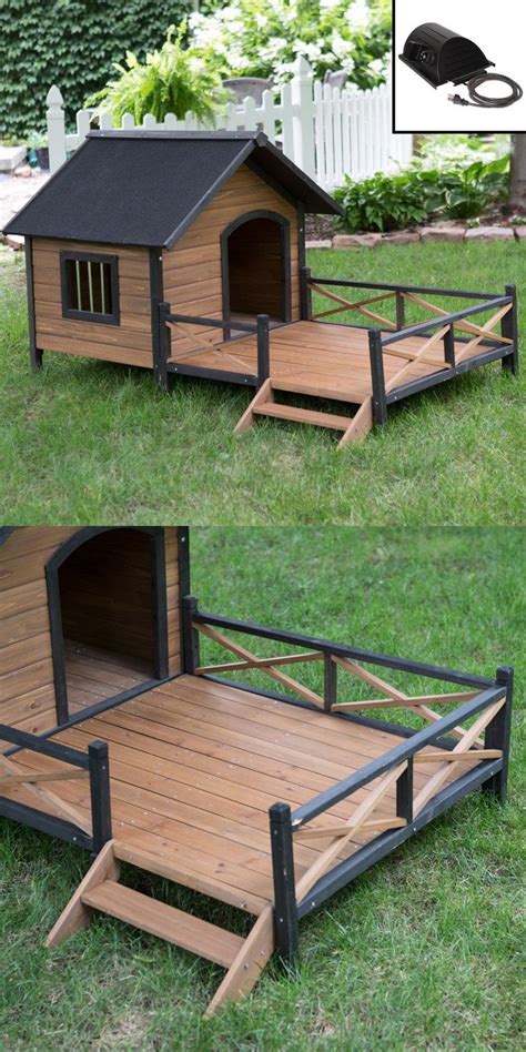 dog houses  large dog house  porch  heater pet kennel deluxe rustic wooden heated