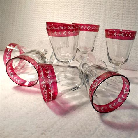 set of 8 victorian cut ruby glass rim wine rummer glasses antique