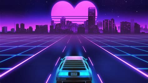 blue neon car  road  heart symbol hd vaporwave