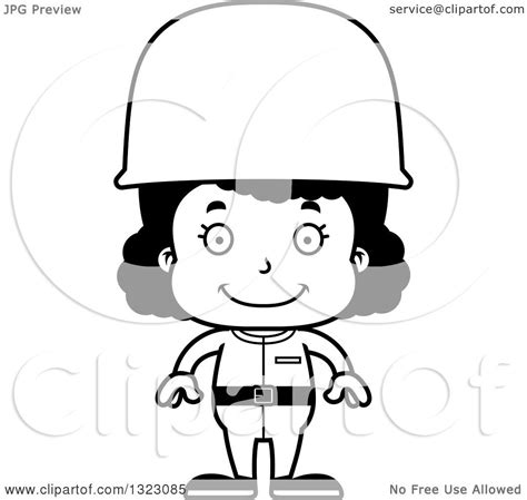 Lineart Clipart Of A Cartoon Happy Black Girl Soldier