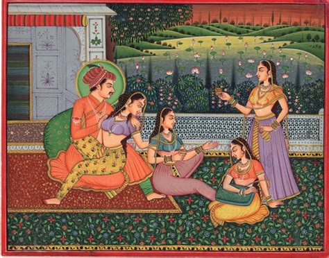 Indian Mogul Empire Miniature Art Handmade Watercolor Mughal Harem Folk